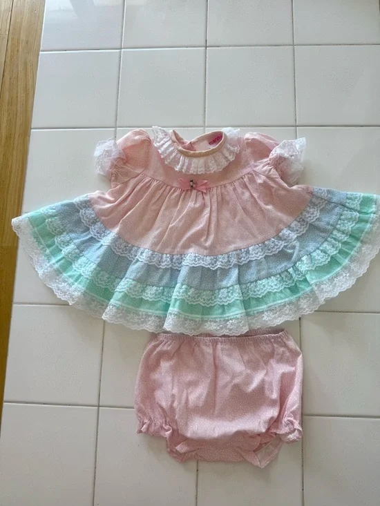 Vintage Baby Girl 6-9m Dress &Bloomer Set Roanna Pink Blue Ditzy Floral Lace 80s - Picture 10 of 14